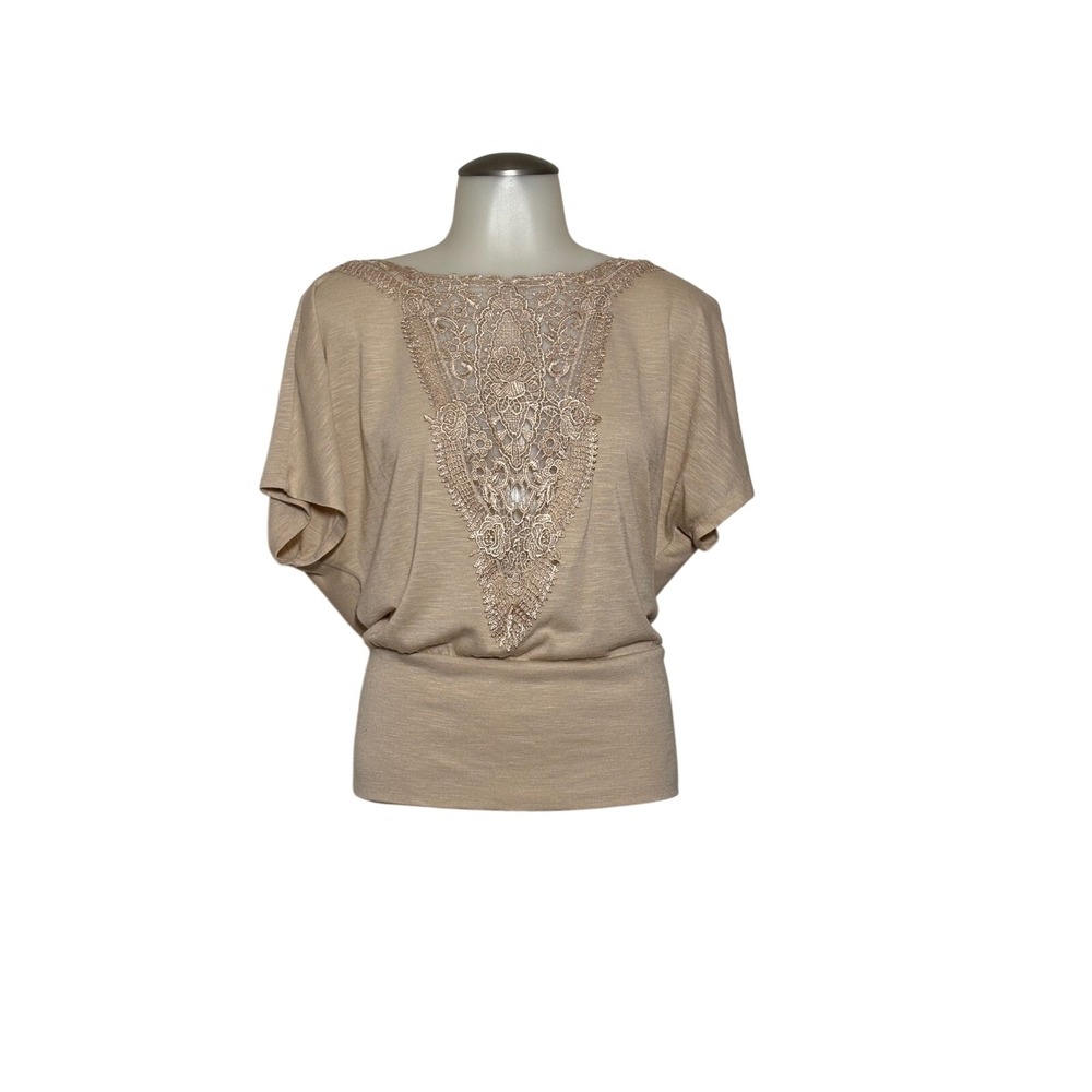 Bongo Lace Bib Cowl Back Top Womens L Tan Dolman Sleeve Excellent Pretty Elegant